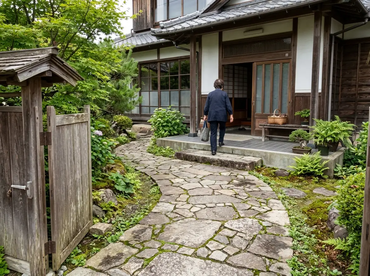 木の門から玄関まで曲がって続く乱形石張りのアプローチ