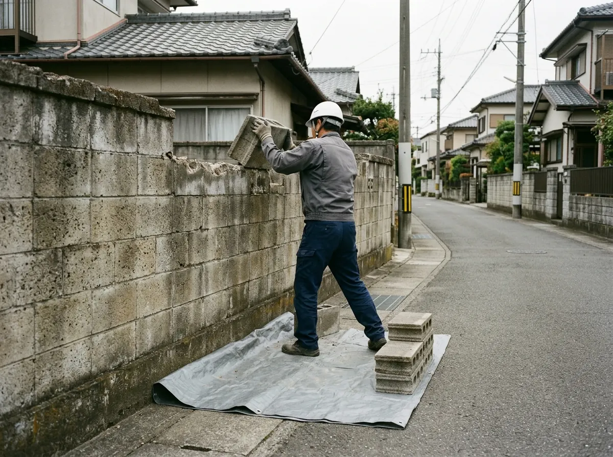 道路沿いの古いブロック塀の上段を外し、ブロックを養生シートの上に下ろす作業