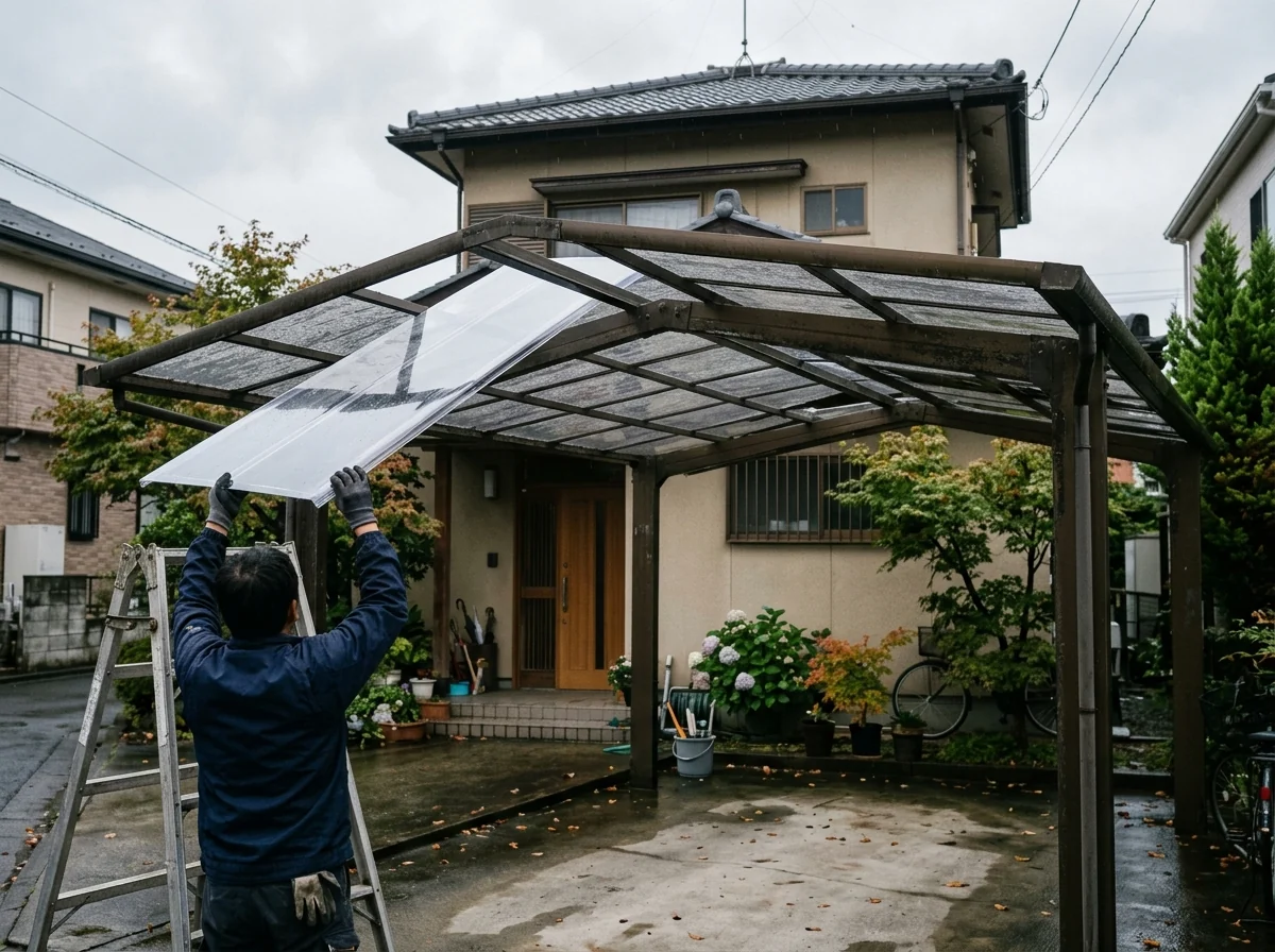 外れたカーポートの屋根パネルを新しいパネルに入れ替えている様子