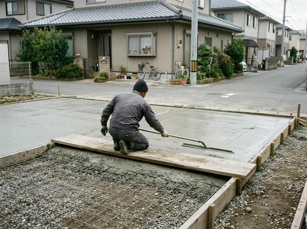 型枠とワイヤーメッシュの上に打設した駐車場の土間コンクリートを、金ごてでならす作業