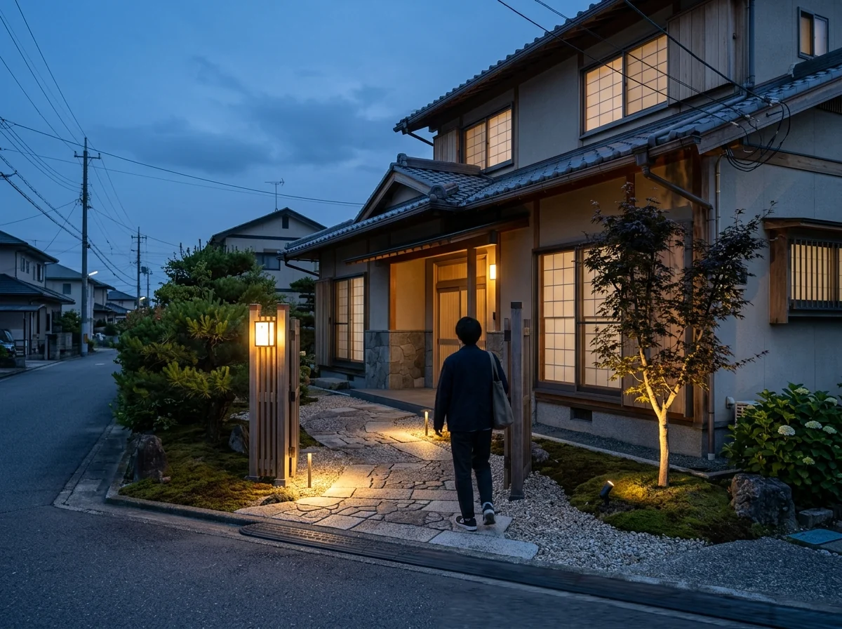 夕暮れにアプローチの足元灯と植栽のスポットライトが点いた外構