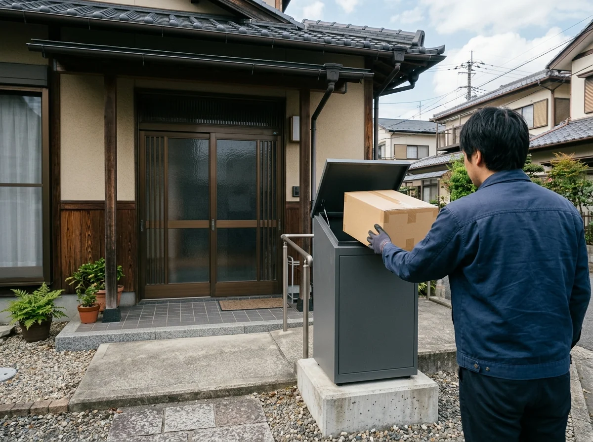 玄関横に据え付けた宅配ボックスに荷物を入れている手元